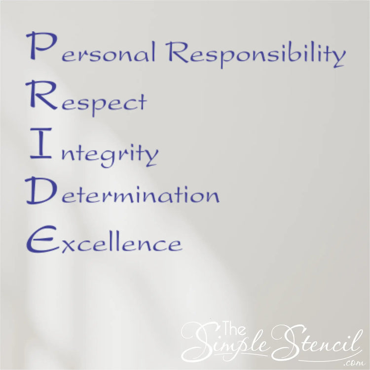 List of PRIDE values on a white wall in blue vinyl lettering