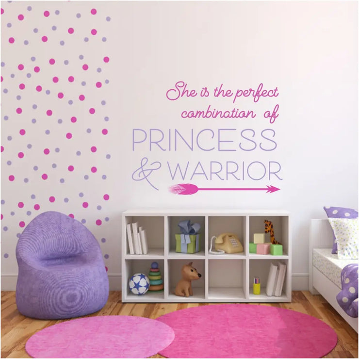 Beautiful girls room makeover using Simple Stencil wall decals. Peel and stick polka dots combined with inspiring quote that reads: She is the perfect combination of princess and warrior and includes a pointing feather arrow.