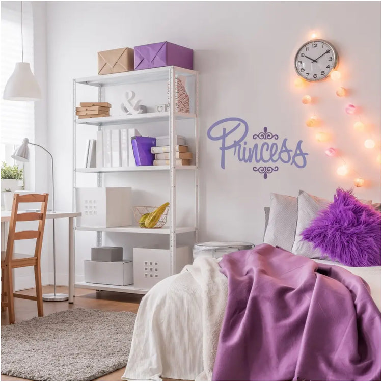 Princess wall decal art by The Simple Stencil shown on a beautiful teen girl's bedroom wall in purple and light purple combination. 