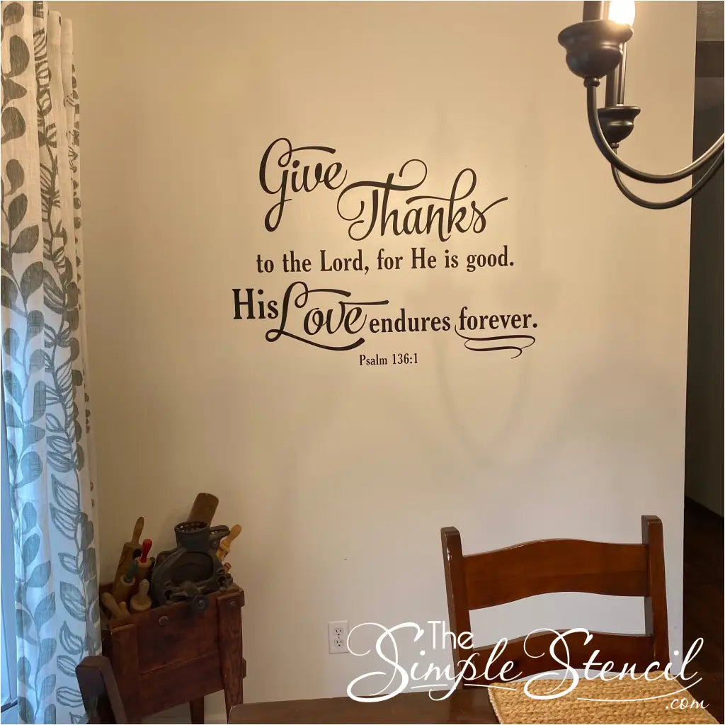 customer supplied picture of their give thanks wall decal applied to dining room wall by Gail J