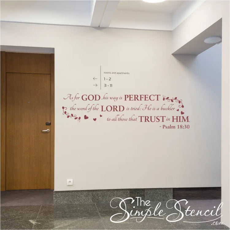 Bible verse wall decal that is easy to apply and remove featuring the scripture Psalm 18:30 in the King James Version - By The Simple Stencil