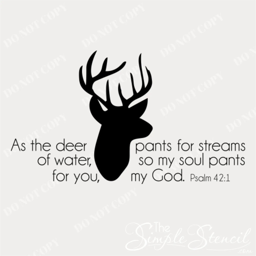 Professional black graphic decal design of the 'As the deer pants' Psalm 42:1 wall decal, showing the detailed buck head silhouette and clean typography.