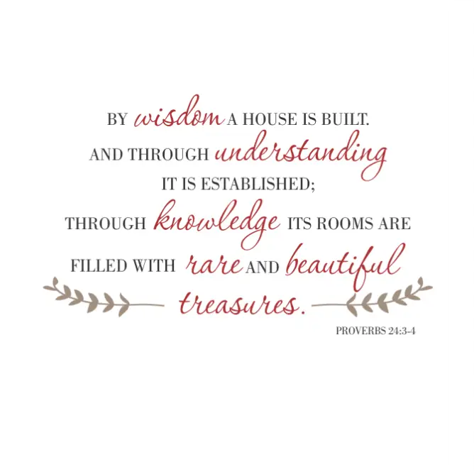 By wisdom a house is built... Proverbs 24:3-4 Scripture wall decal for beautiful home decorating using premium large wall art by The Simple Stencil