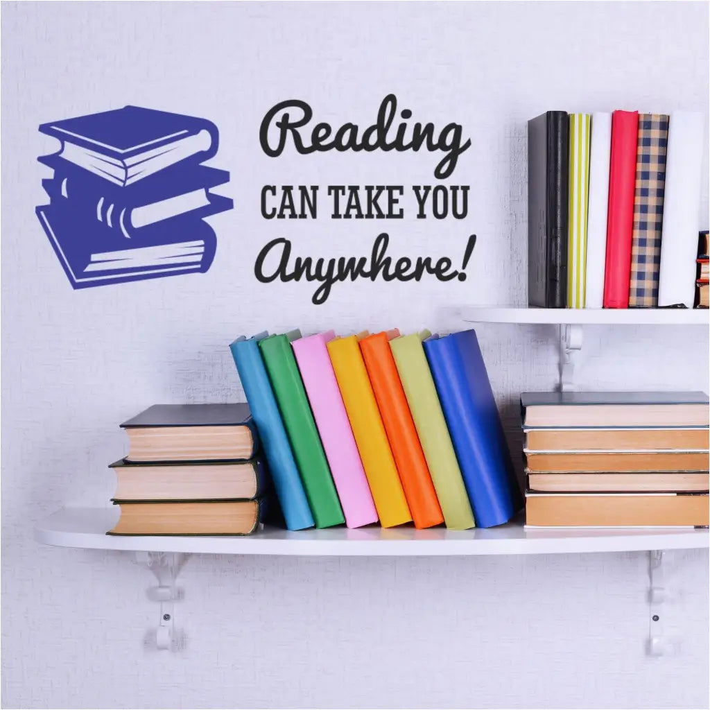Reading can take you anywhere!  This colorful vinyl wall decal can be installed on a classroom or library wall to encourage reading among students. Includes a stack of books embellishments in your choice of color to go alongside the decal. 