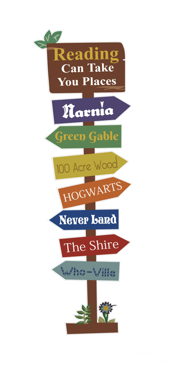 Reading Can Take You Places library sign decal: a signpost of colorful arrows pointing to favorite storybook destinations