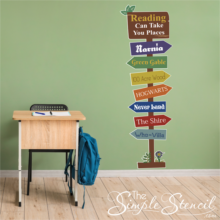 Large library or classroom wall decal display that reads: Reading can take you places and has arrows pointing to Narnia, Green Gable, 100 Acre Wood, Hogwarts, Never Land, The Shire and Who-ville. Colorful pattern has been and stick backing that can be installed on any smooth surface and can be moved. Custom eco-friendly printed decals also available, contact us with your idea!