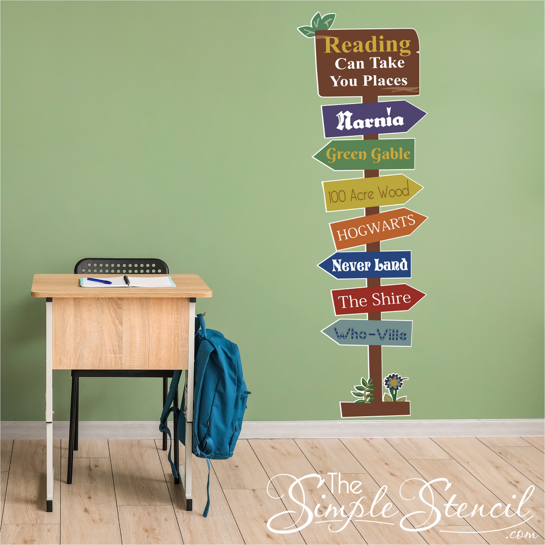 Large library or classroom wall decal display that reads: Reading can take you places and has arrows pointing to Narnia, Green Gable, 100 Acre Wood, Hogwarts, Never Land, The Shire and Who-ville. Colorful pattern has been and stick backing that can be installed on any smooth surface and can be moved. Custom eco-friendly printed decals also available, contact us with your idea!