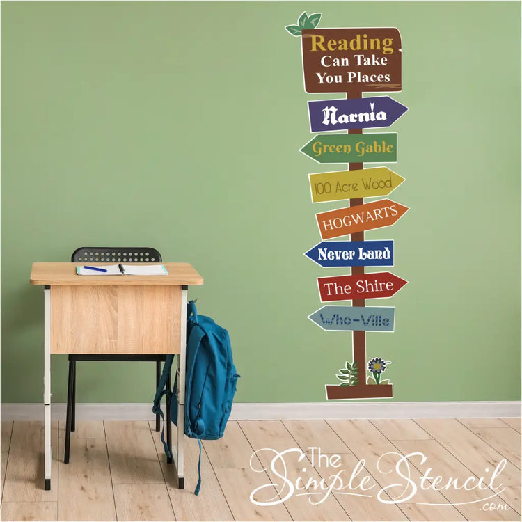 Large library or classroom wall decal display that reads: Reading can take you places and has arrows pointing to Narnia, Green Gable, 100 Acre Wood, Hogwarts, Never Land, The Shire and Who-ville. Colorful pattern has been and stick backing that can be installed on any smooth surface and can be moved. Custom eco-friendly printed decals also available, contact us with your idea!