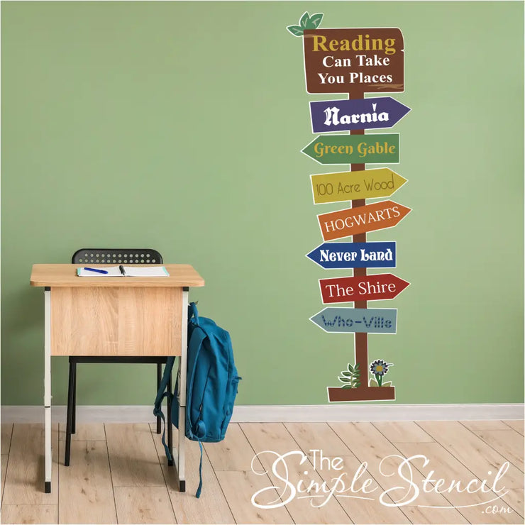 Large library or classroom wall decal display that reads: Reading can take you places and has arrows pointing to Narnia, Green Gable, 100 Acre Wood, Hogwarts, Never Land, The Shire and Who-ville. Colorful pattern has been and stick backing that can be installed on any smooth surface and can be moved. Custom eco-friendly printed decals also available, contact us with your idea!
