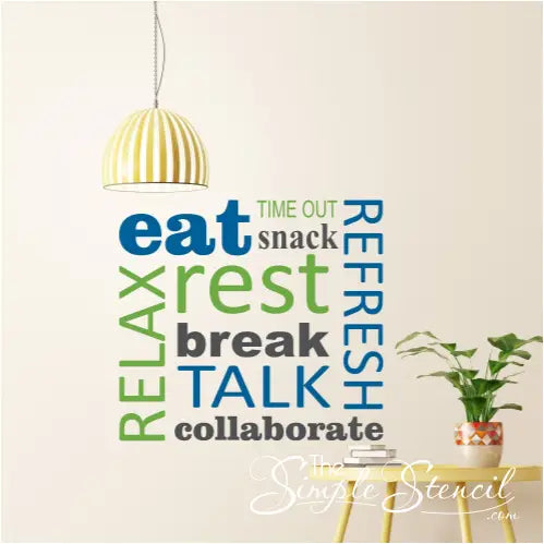Words that promote rest and relaxation vinyl wall decals by The Simple Stencil work great in teacher's lounge or employee break rooms.