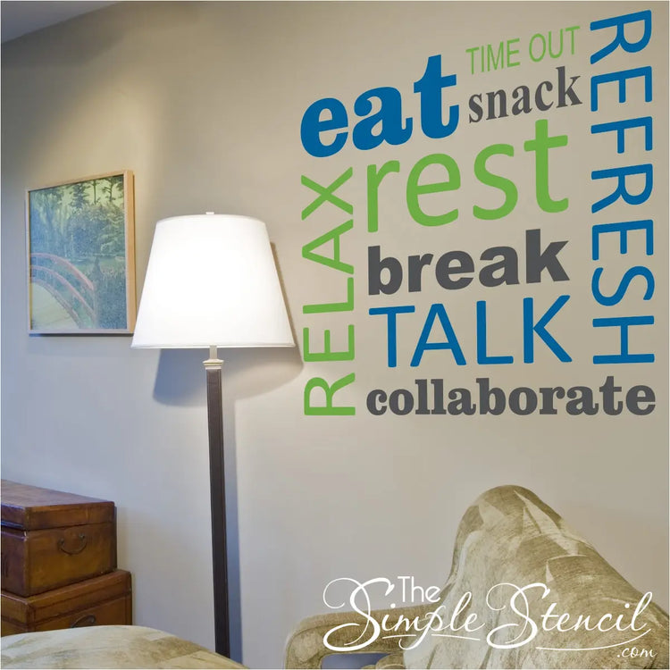 Lounge Relaxation Wall Word Art By The Simple Stencil  showing on a wall in a family room where family likes to relax and unwind. Decals supplied by The Simple Stencil