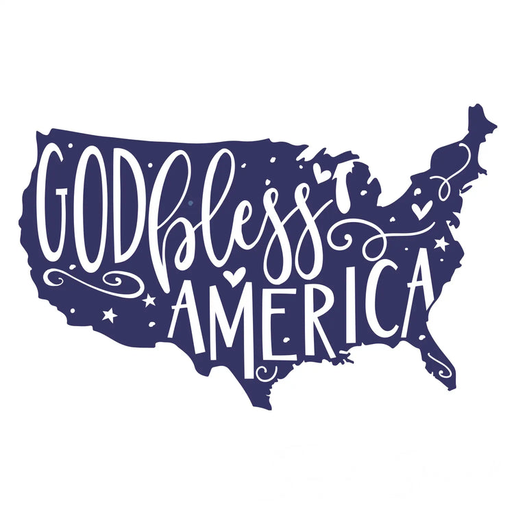 Navy blue removable whimsical god bless america usa map wall decal with white cursive script and decorative stars for military families wall decal