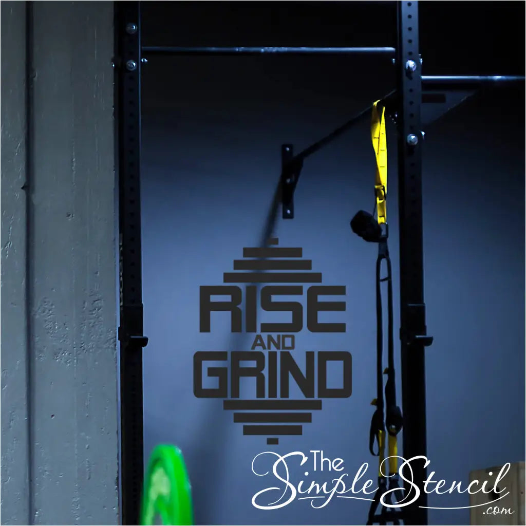 Motivational RISE AND GRIND Gym Wall Decal energizing a school weight room.