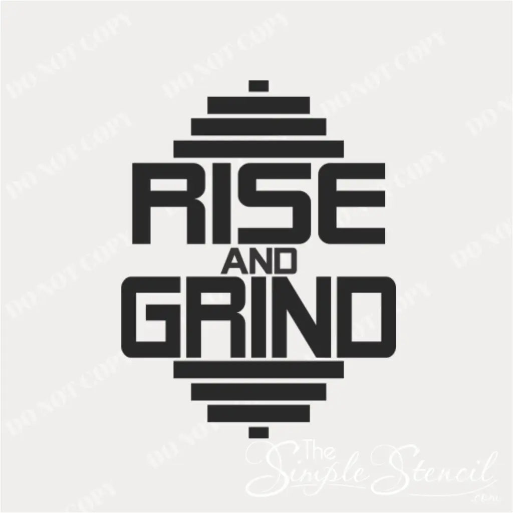 Close-up of RISE AND GRIND Gym Wall Decal, showcasing bold font and integrated barbell graphics.