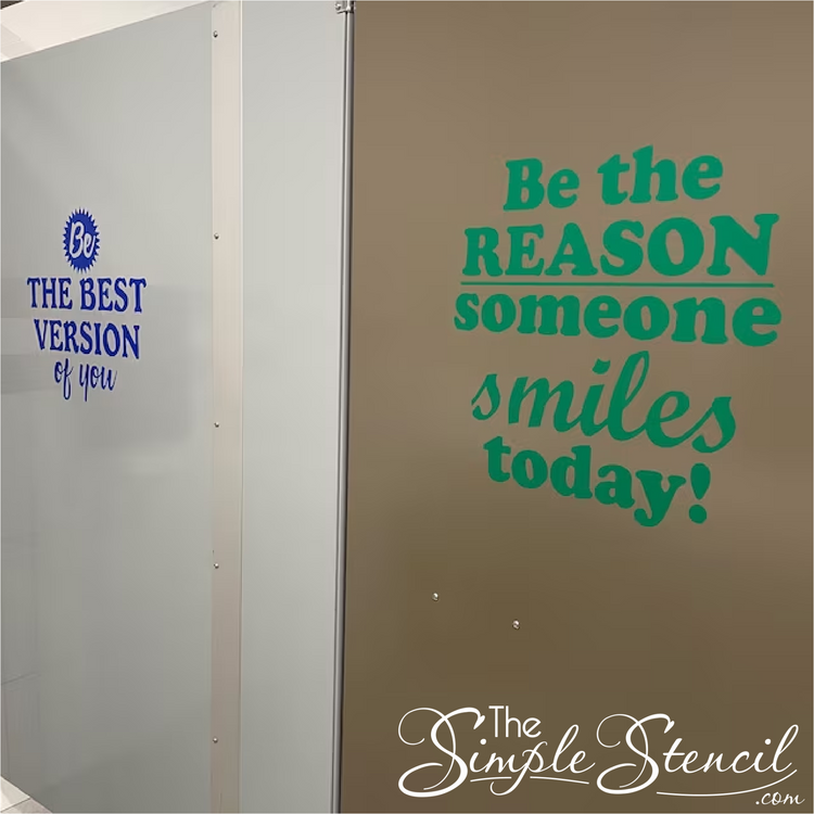 Customer photo of school restroom kindness decals in primary colors on a restroom wall and stall door