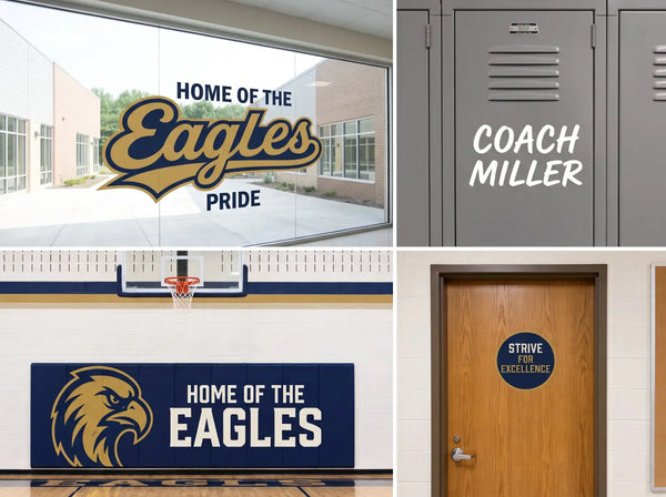 Split-panel before and after comparison showing a bare school hallway transformed by custom "Home of the Eagles" mascot and spirit vinyl wall graphics.