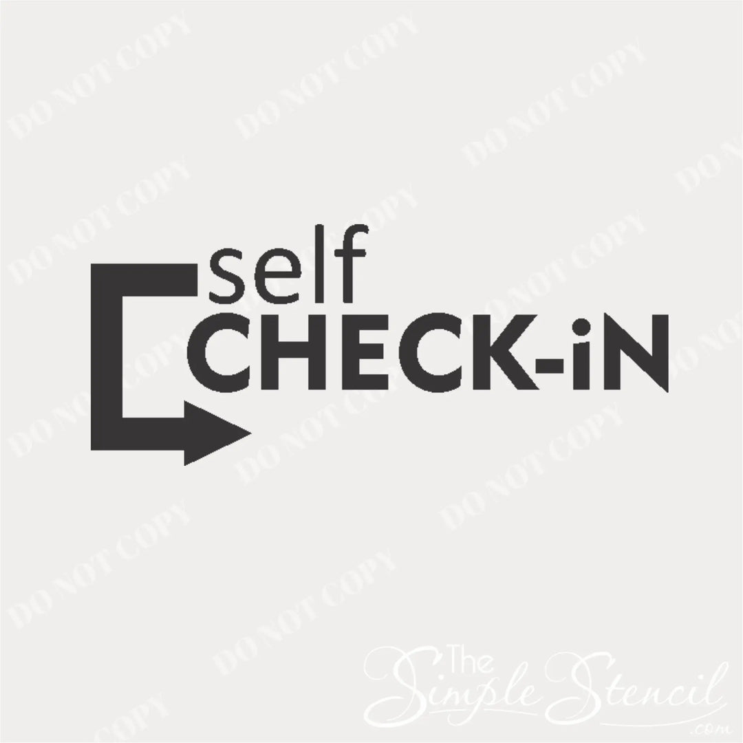 Close-up of a self check-in wall decal sign with a bold black arrow pointing right. The text "Self Check-In" is displayed below the arrow in a clear, easy-to-read font. Perfect for library wayfinding signage. (The Simple Stencil)