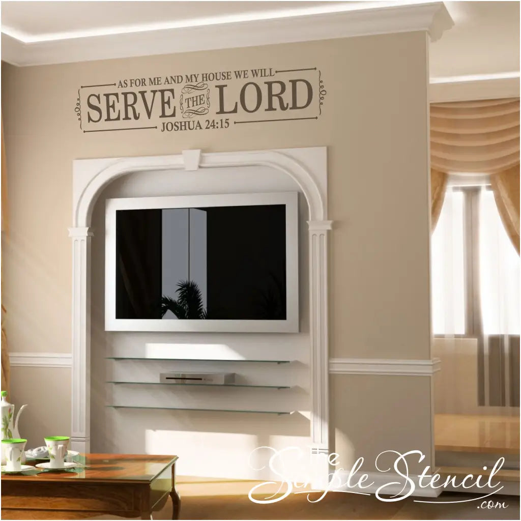 Beautiful bible scripture wall art from the verse Joshua 24:15 displayed on a family room wall is a nice way to share your faith with family, friends and guests. 