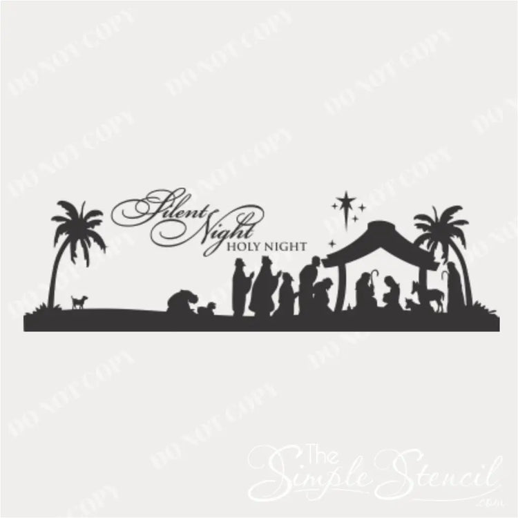 Black and white render of a nativity scene vinyl decal with silhouettes of the manger, shepherds, and wise men, featuring cursive vinyl lettering that reads 'Silent Night Holy Night'. Used for Christmas wall stickers listings.