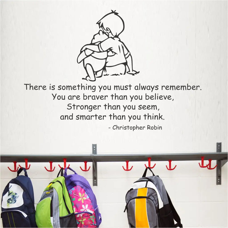 An adorable Winnie the pooh themed wall decal display for a study area, classroom or library. Reads: There is something you must always remember. You are braver than you believe, stronger than you seem and smarter than you think. ~Christopher Robin