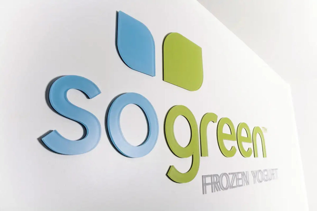 The sogreen frozen yogurt logo, featuring blue and green 3d lettering with a stylized leaf design above the text.