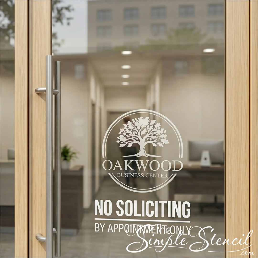 Glass door with Oakwood Business Center logo and 'No Soliciting by Appointment Only' text.