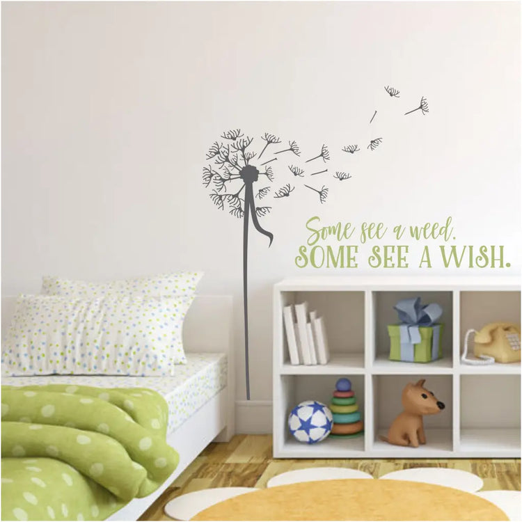 Adorable vinyl wall decal for girls room that includes a large dandelion flower beside it. The wall quote decal by The Simple Stencil reads: Some see a seed, some see a wish.