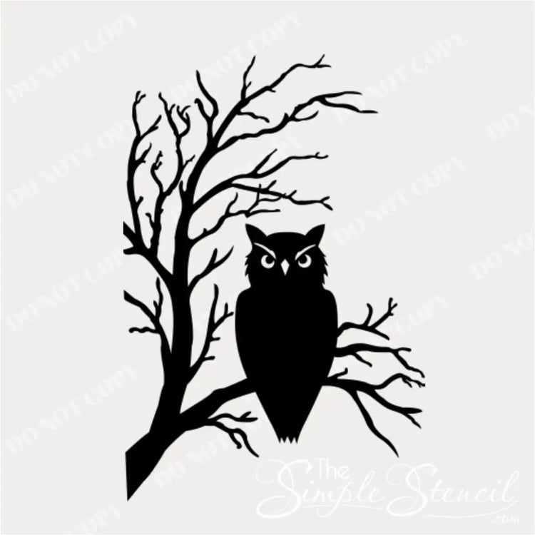 close up details of spooky gothic owl on tree branch wall decal halloween decoration by the simple stencil