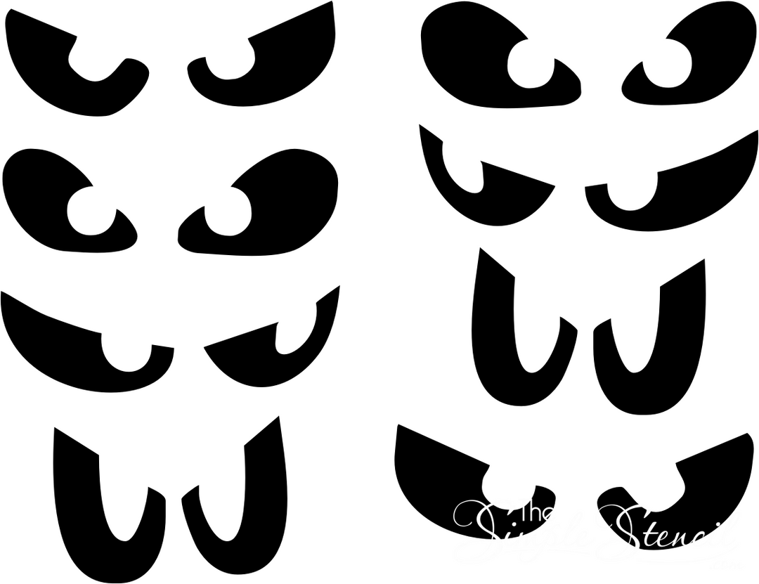 Spooky window eyes Halloween decals: eight pairs of glowing jack-o'-lantern style eyes in black and white