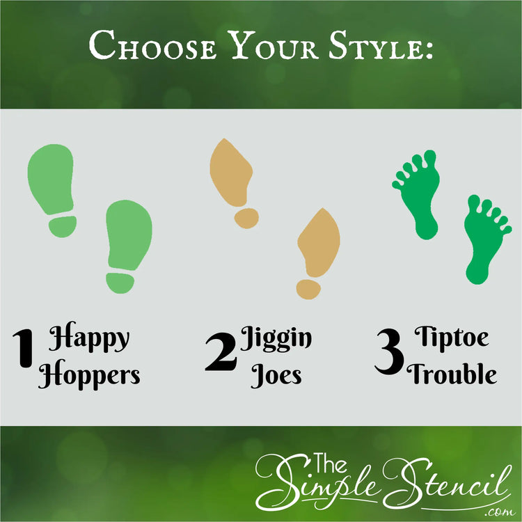 Green and tan st patricks day leprechaun footprint stencil decals labeled happy hoppers jiggin joes and tiptoe trouble