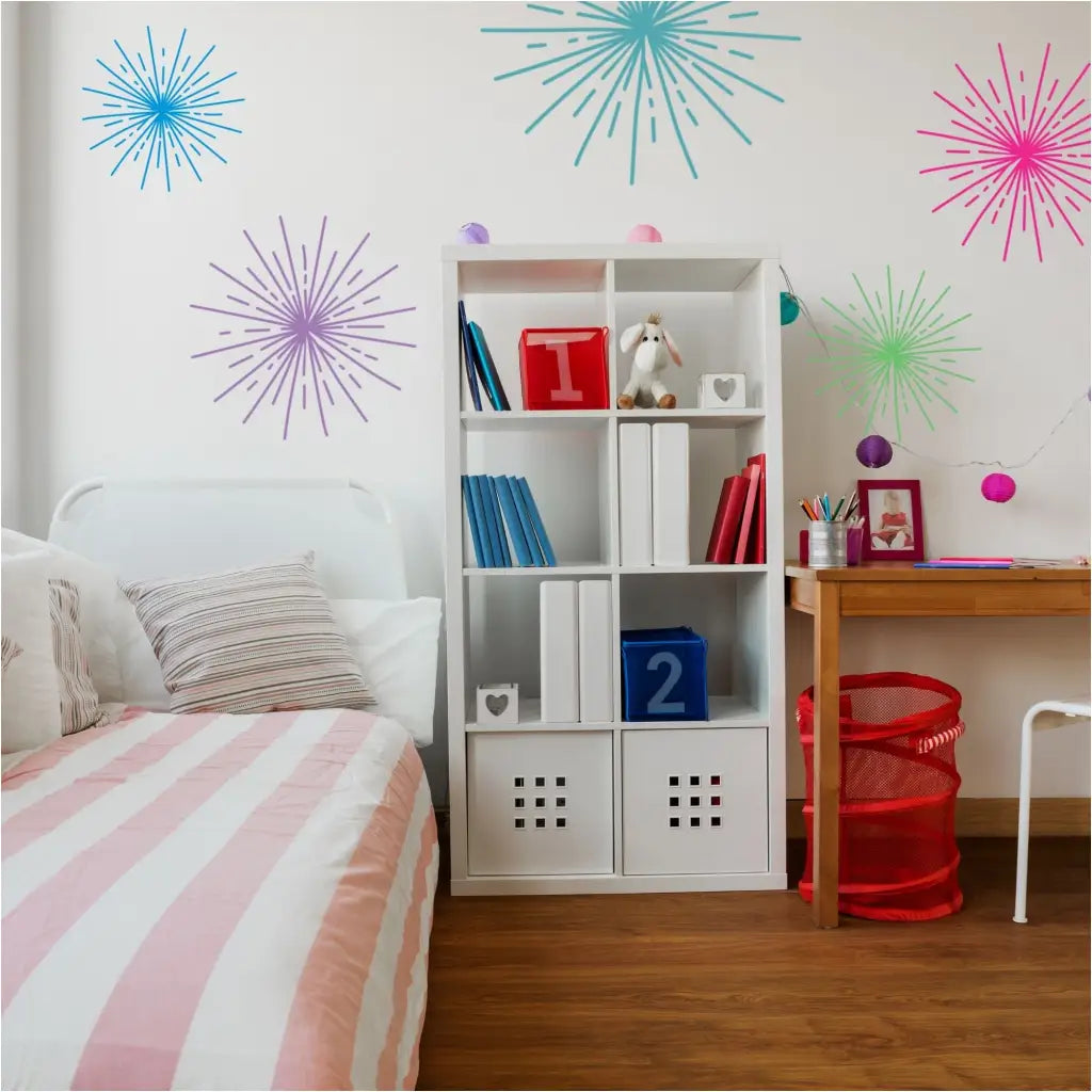 Large Starburst vinyl wall decals that appear to be painted on the walls but they are removable. Great play room or kids room decor idea.