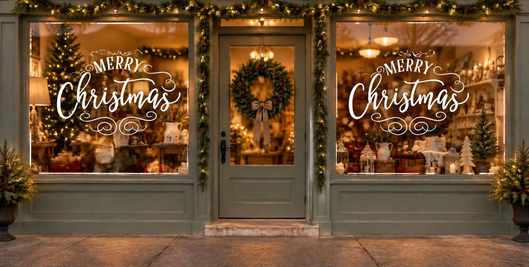 Boutique storefront with Merry Christmas vinyl decals on both windows
