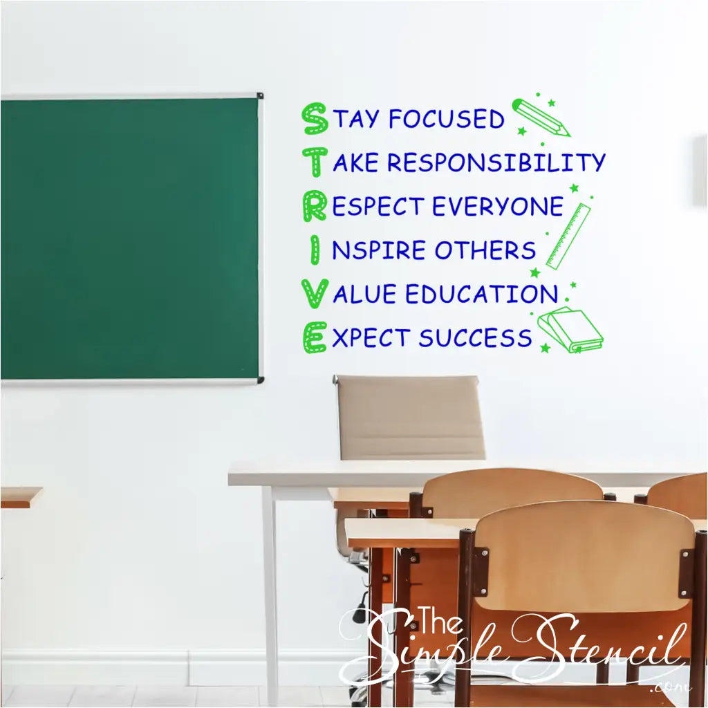 Image of the STRIVE wall quote in multiple colors: Educationally inspired wall decal featuring the word "STRIVE" and coordinating phrases in various colors of your choice. By The Simple Stencil