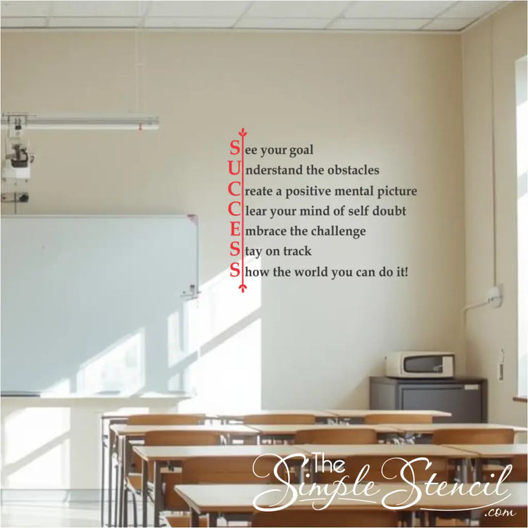 Motivational SUCCESS wall sticker for school classrooms and counseling centers. Features an acronym including 'See your goal' and 'Embrace the challenge,' displayed in a bright, professional learning environment to encourage student growth mindset.