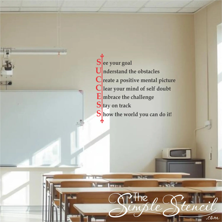 Motivational SUCCESS wall sticker for school classrooms and counseling centers. Features an acronym including 'See your goal' and 'Embrace the challenge,' displayed in a bright, professional learning environment to encourage student growth mindset.