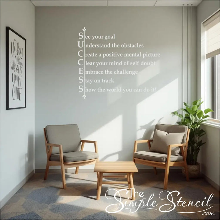 Large typography wall decal for a home office or study. Modern SUCCESS acronym decal applied to a white wall in a room with minimalist furniture, a large window, and indoor plants, perfect for professional office wall art and daily inspiration.