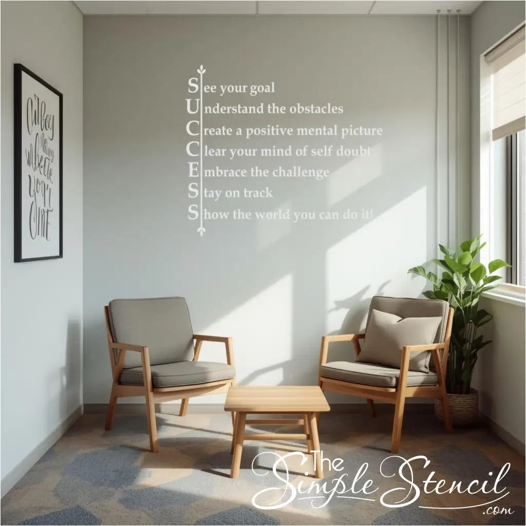 Large typography wall decal for a home office or study. Modern SUCCESS acronym decal applied to a white wall in a room with minimalist furniture, a large window, and indoor plants, perfect for professional office wall art and daily inspiration.