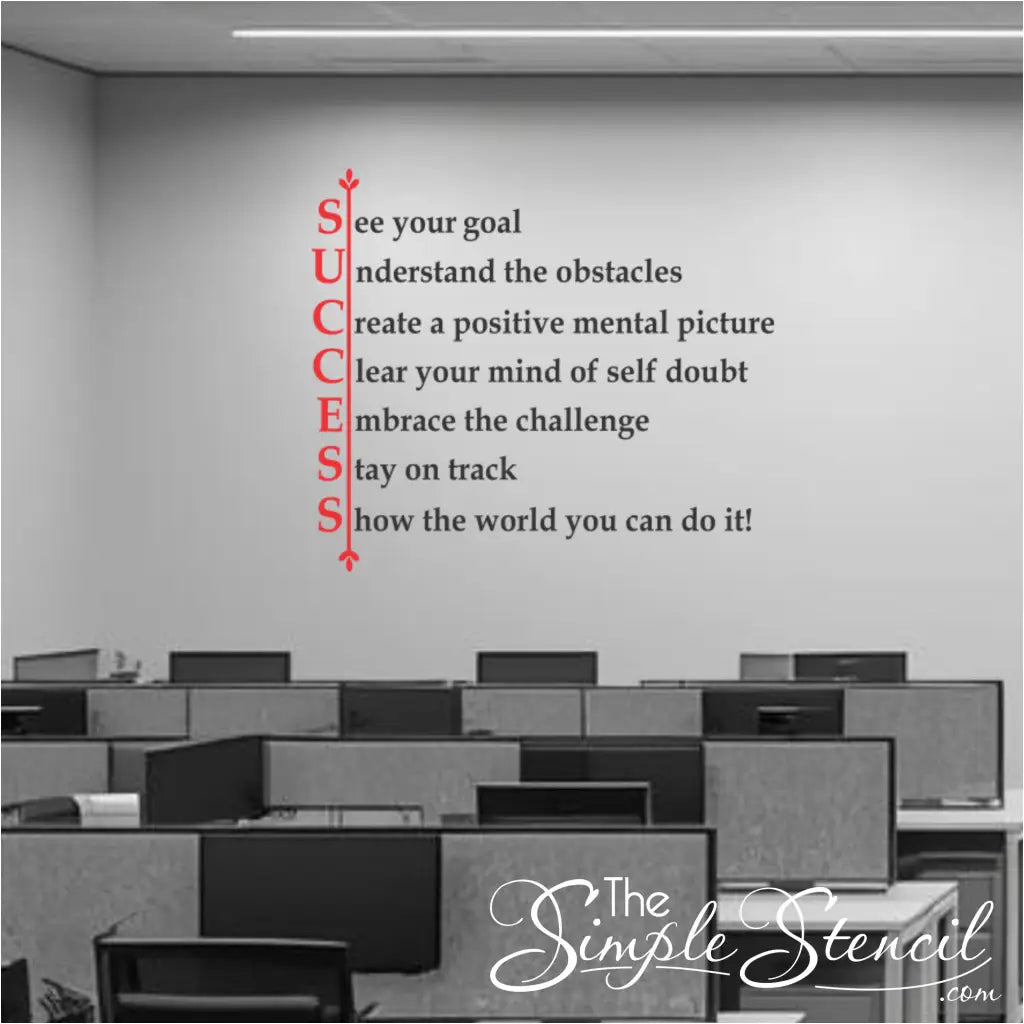 Modern wall decal featuring the SUCCESS acronym in red and black text. Shown in a bright, sunlit office setting with grey chairs and a whiteboard, highlighting vinyl wall lettering for educational and professional environments.