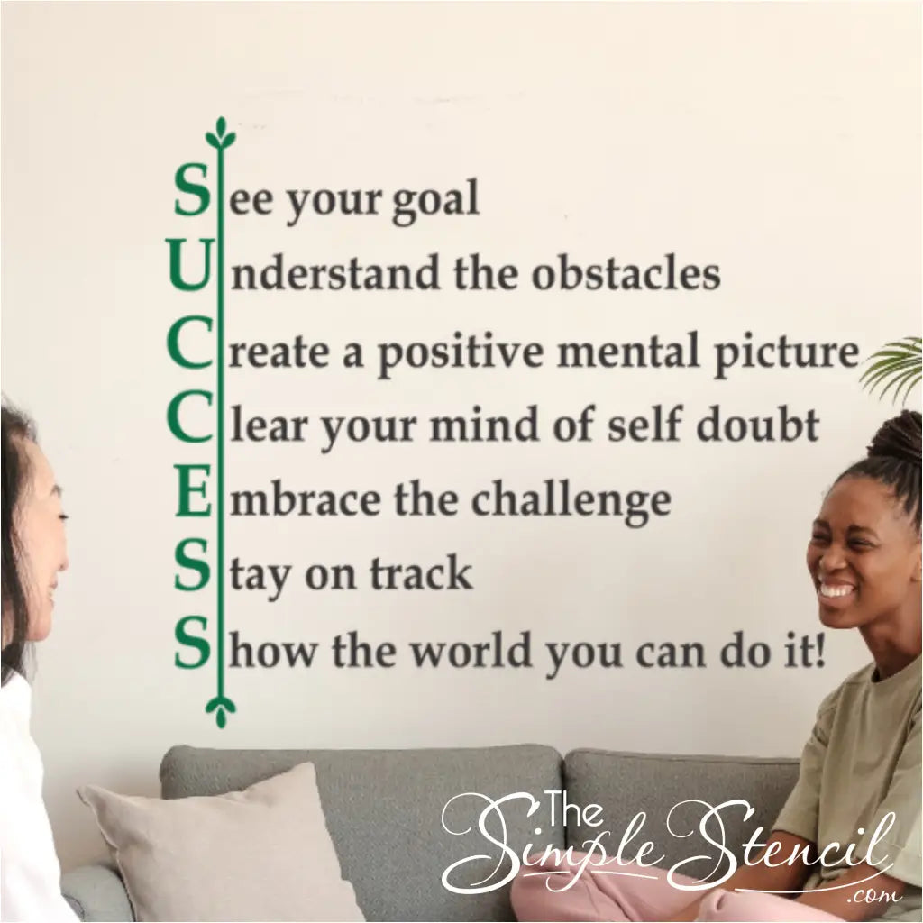 Success wall quote decal displayed on a school counselors office while while she consults with a student. By TheSimpleStencil