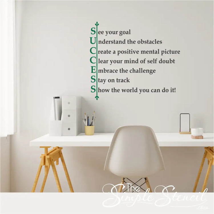 Close-up of the "Success" vinyl decal showing its high-quality finish on an home office wall.