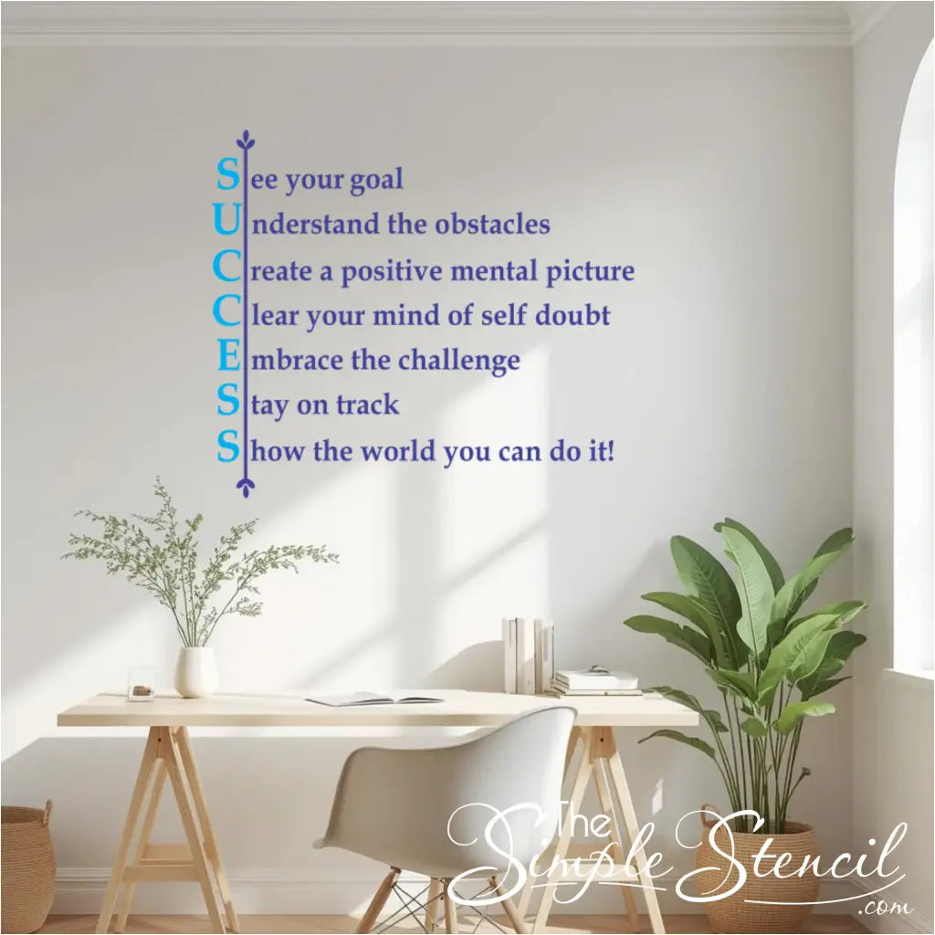 Large typography wall decal for a home office or study. Modern SUCCESS acronym decal applied to a white wall in a room with minimalist furniture, a large window, and indoor plants, perfect for professional office wall art and daily inspiration.