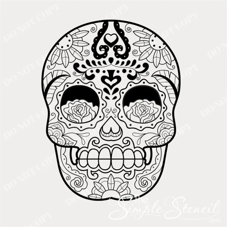 A close-up shot of the detailed black and white design of the sugar skull vinyl decal. By The Simple Stencil, no copying allowed. 