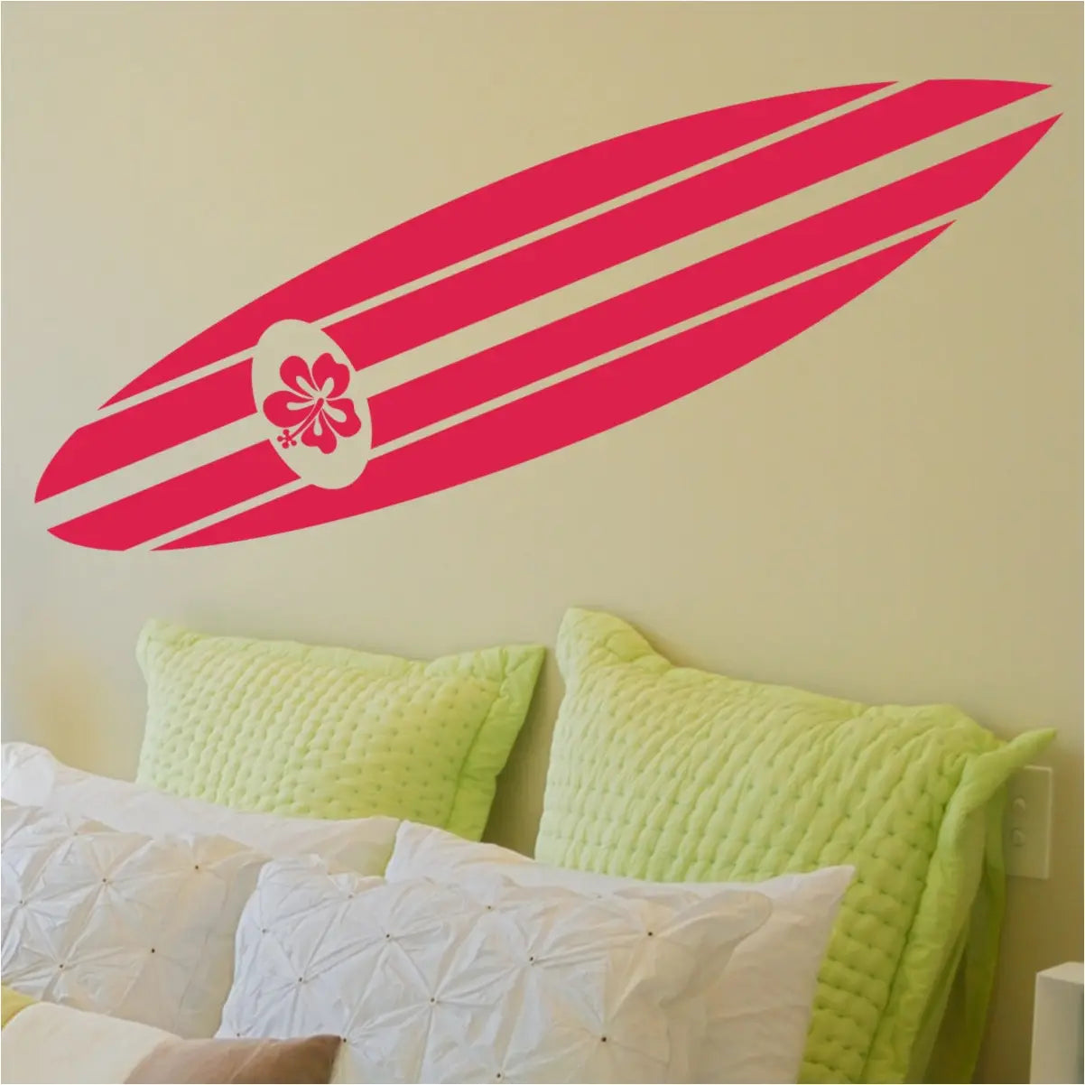 Large hibiscus decorated surfboard wall decal for any beach inspired or nautical themed decor. Popular choice for a beach themed bedroom wall..