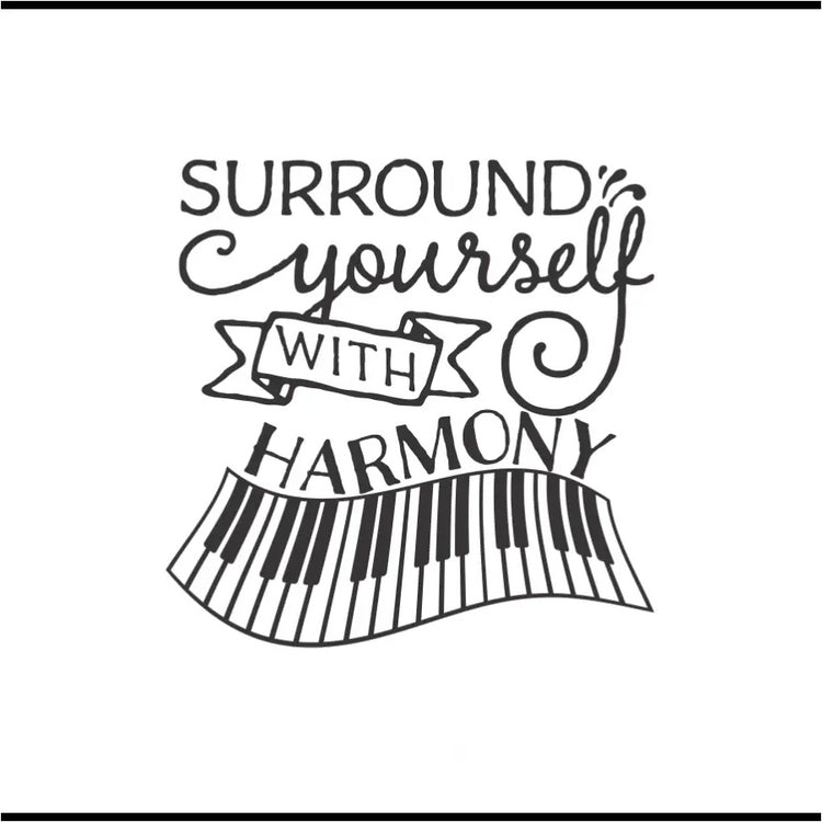 A motivational "Surround Yourself with Harmony" vinyl decal featuring a keyboard graphic adds a touch of musical flair to a personal music studio, encouraging creativity and relaxation for musicians of all levels.
