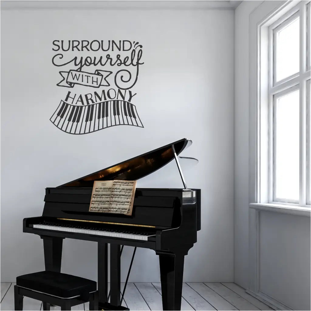 A vibrant "Surround Yourself with Harmony" vinyl decal featuring a keyboard graphic brightens the entrance of a school band room, inspiring young musicians and creating a welcoming atmosphere. 