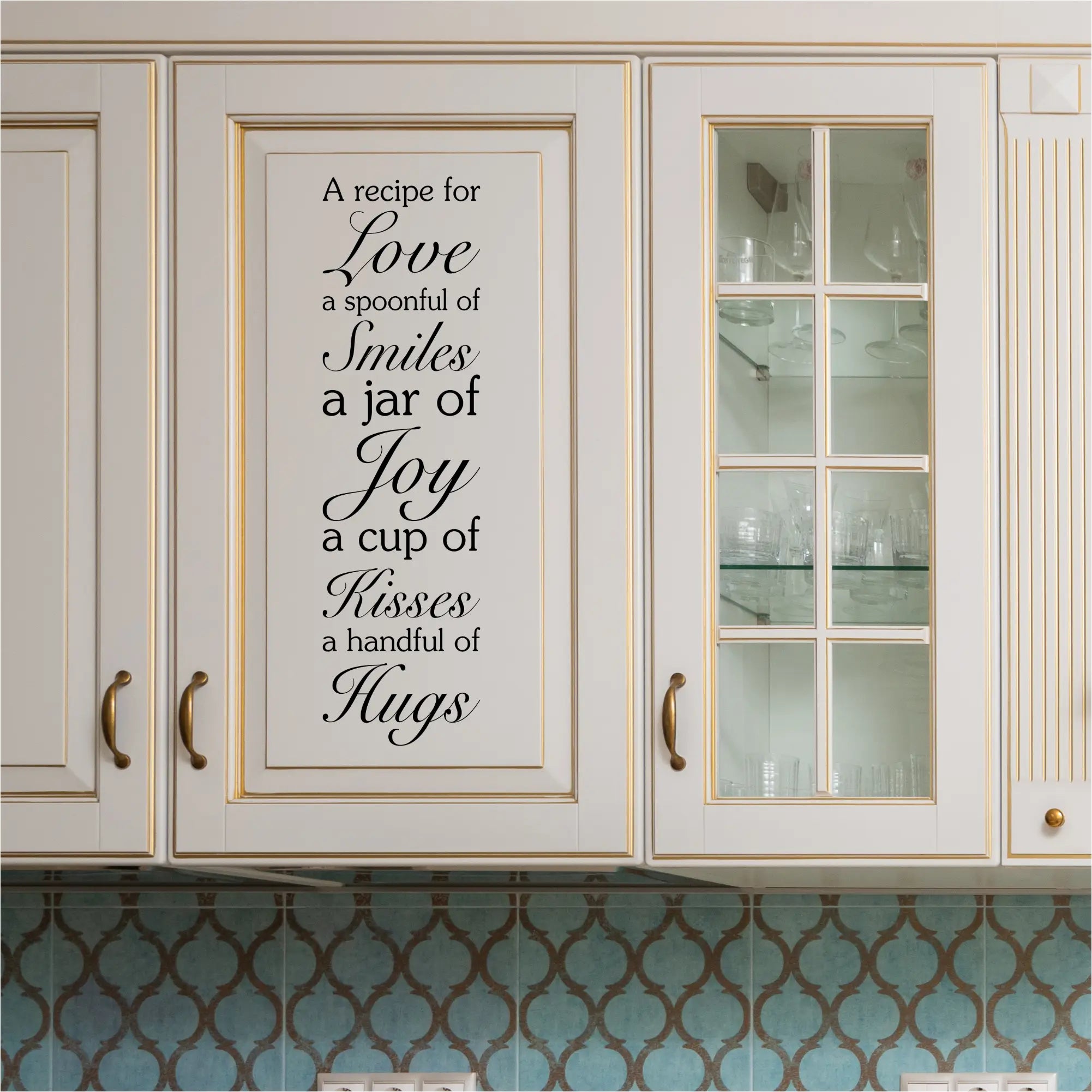 "Recipe for Love" wall decal displayed vertically on a kitchen cabinet door.