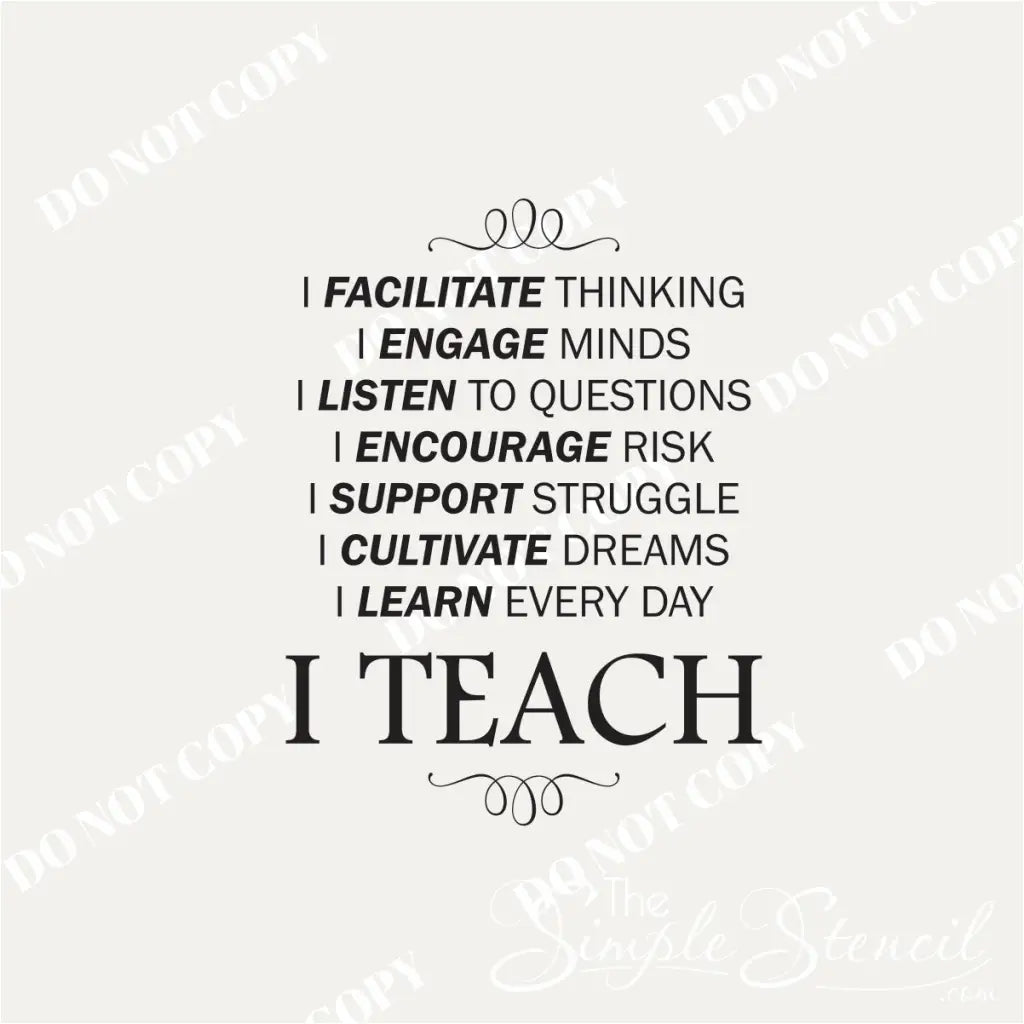 Close-up of a removable "I Teach" wall decal in various colors with a text overlay: "Customize colors & size for your teacher's lounge!"