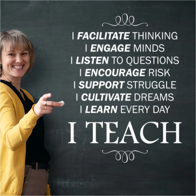 white "I Teach" inspirational wall decal displayed on a bright and welcoming teacher's lounge wall  near a smiling teacher giving a presentation. By The Simple Stencil
