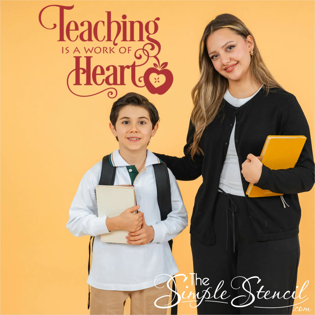 The background is a clean peach color, with a vector image of the 'Teaching is a Work of Heart' decal in black on the wall next to a smiling student and teacher holding books.