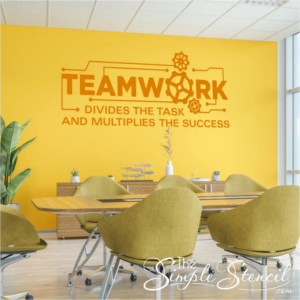 LARGE teamwork wall decal graphic displayed on entryway to conference room in a modern work space. By The Simple Stencil